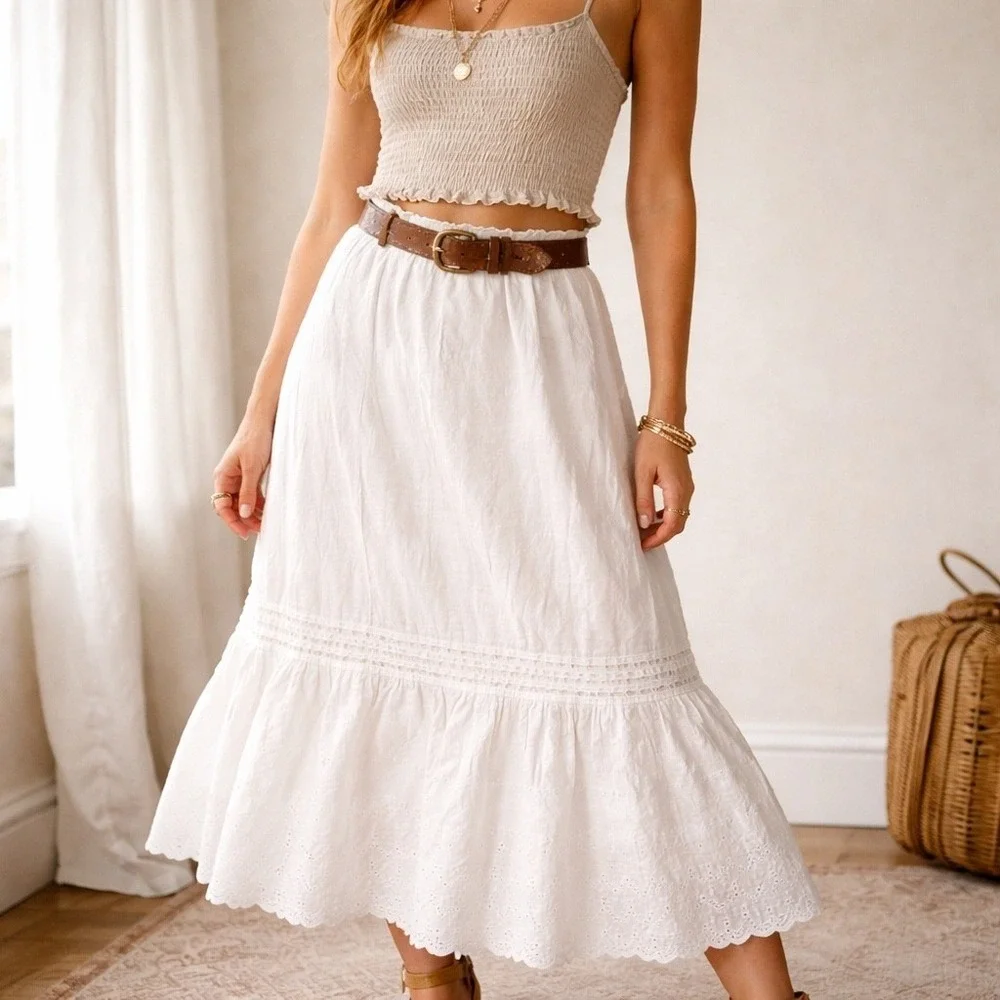 Vintage Boho Eyelet Skirt 26x30 White‎ Cotton Tiered Prairie READ